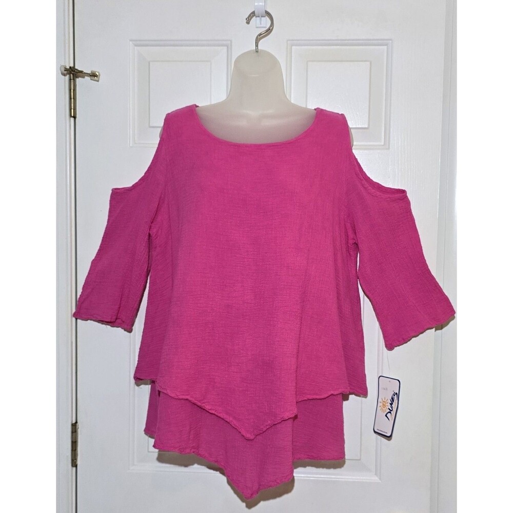 Dunes Relaxed Pink Cotton Gauze Lagenlook NEW Blouse Top XL Boho Coastal Grandma